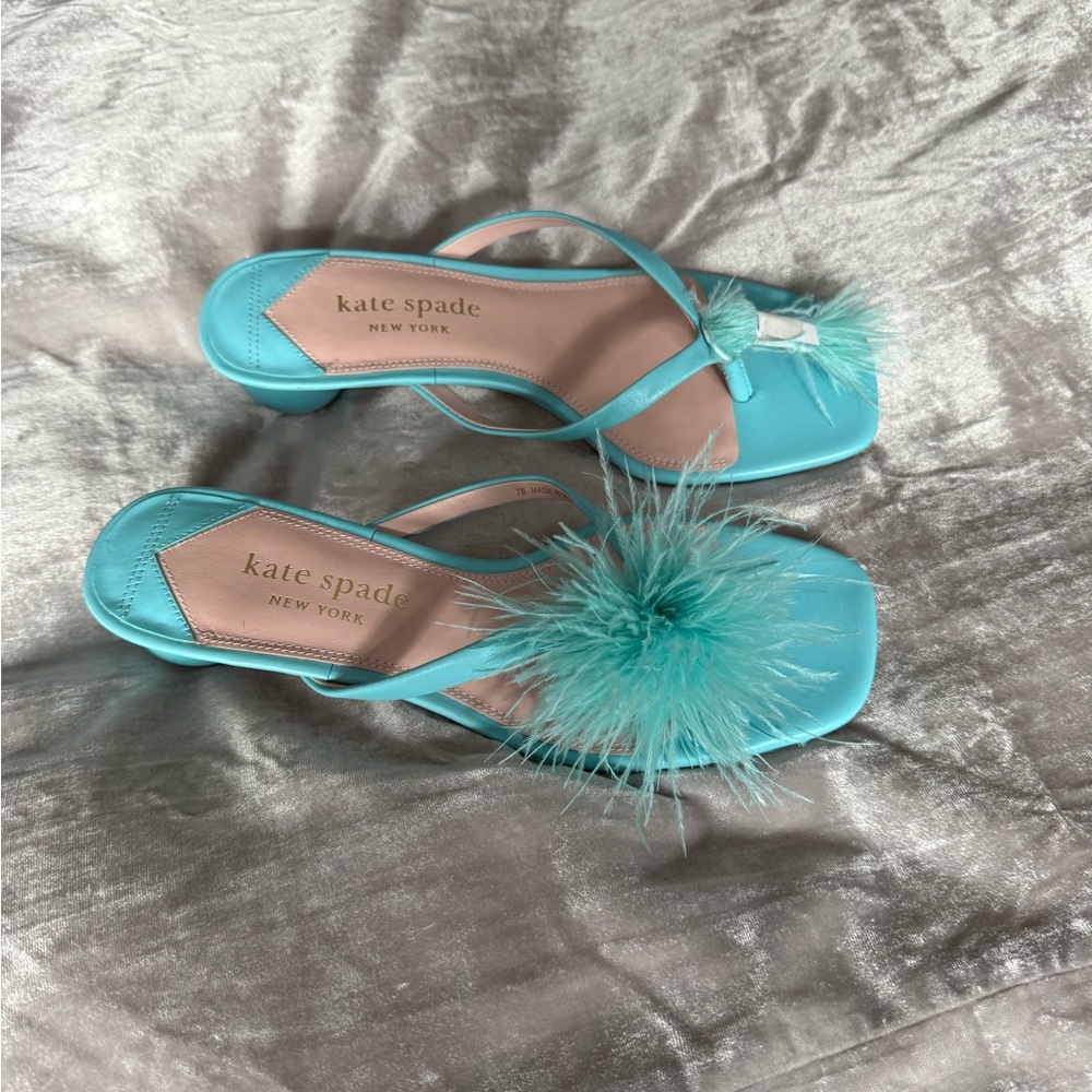 kate spade Bahama Feathered Heels in glacier blue.